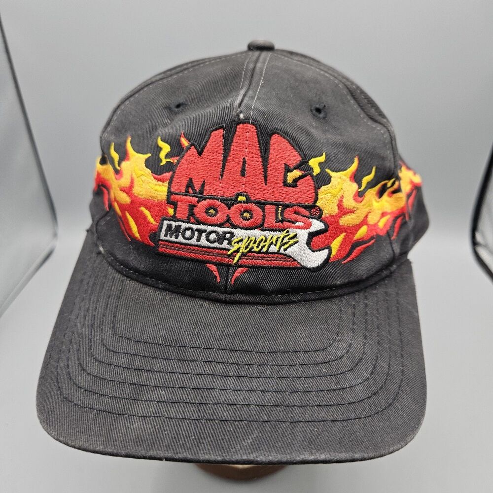 Vintage Mac Tools Racing Hat Snapback Cap Mens Black Flames Distressed NASCAR